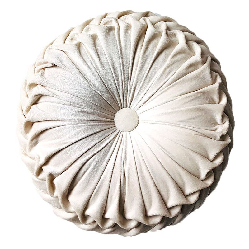 Teieas Round Throw Pillow Velvet Home Decoration Pleated Round Pillow Cushion for Couch Chair Bed Car Beige - Image 1
